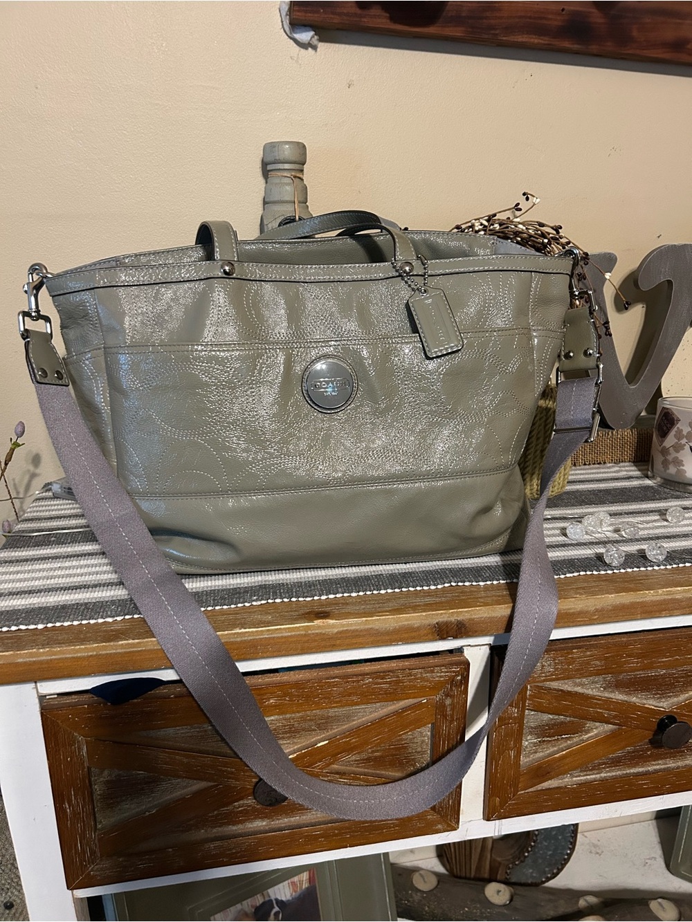 Coach Olive Patent Shoulder Diaper bag with Gray Strap and Changing Pad